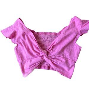 Y2K Crop Top Womens Large Pink Solid Knotted Short Sleeve Cottage Boho